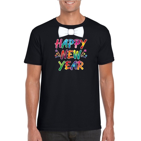 Oud en nieuw t-shirt Happy New Year met vlinderdas zwart heren