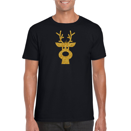 Rendier hoofd Kerst t-shirt zwart voor heren met gouden glitter bedrukking