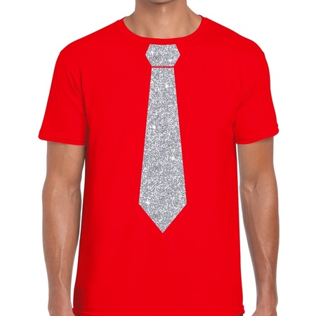 Rood fun t-shirt met stropdas in glitter zilver heren