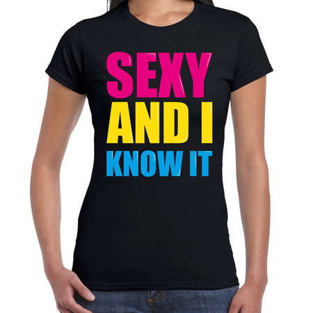 Sexy and i know it fun tekst t-shirt zwart dames