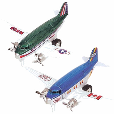 Speelgoed propellor vliegtuigen setje van 2 stuks groen en blauw 12 cm