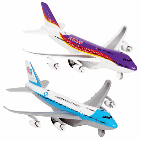 Speelgoed vliegtuigen setje van 2 stuks blauw en paars 19 cm