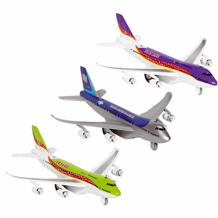 Speelgoed vliegtuigen setje van 3 stuks groen, blauw en paars 19 cm