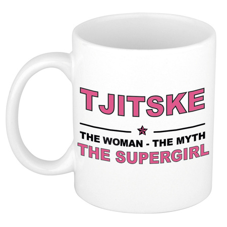 Tjitske The woman, The myth the supergirl pensioen cadeau mok/beker 300 ml