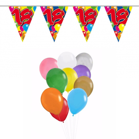 Birthday deco set 18 years 50x balloons and 2x bunting flags 10 meters