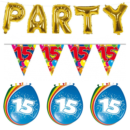 Verjaardag feestversiering 15 jaar PARTY letters en 16x ballonnen met 2x plastic vlaggetjes