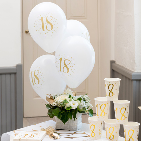 Verjaardag leeftijd ballonnen 18 jaar - 8x - wit/goud - 23 cm - Feestartikelen/versieringen