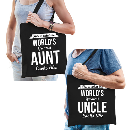 Worlds greatest Aunt en Uncle tasje zwart - Cadeau tassen set voor Oom en Tante