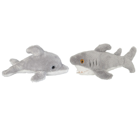 Zeedieren serie zachte pluche knuffels 2x stuks - Dolfijn en Haai van 15 cm