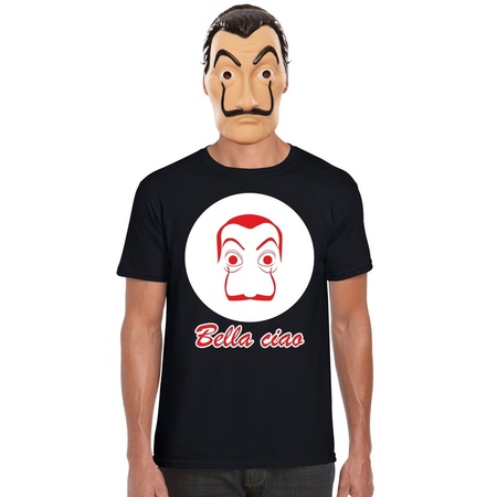 Zwart Dali t-shirt maat L met La Casa de Papel masker heren