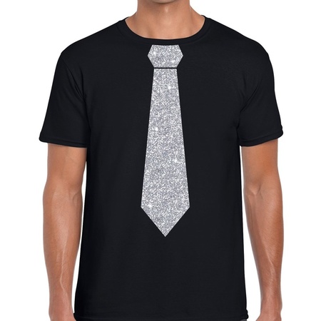 Black t-shirt with tie in glitter silver men 
